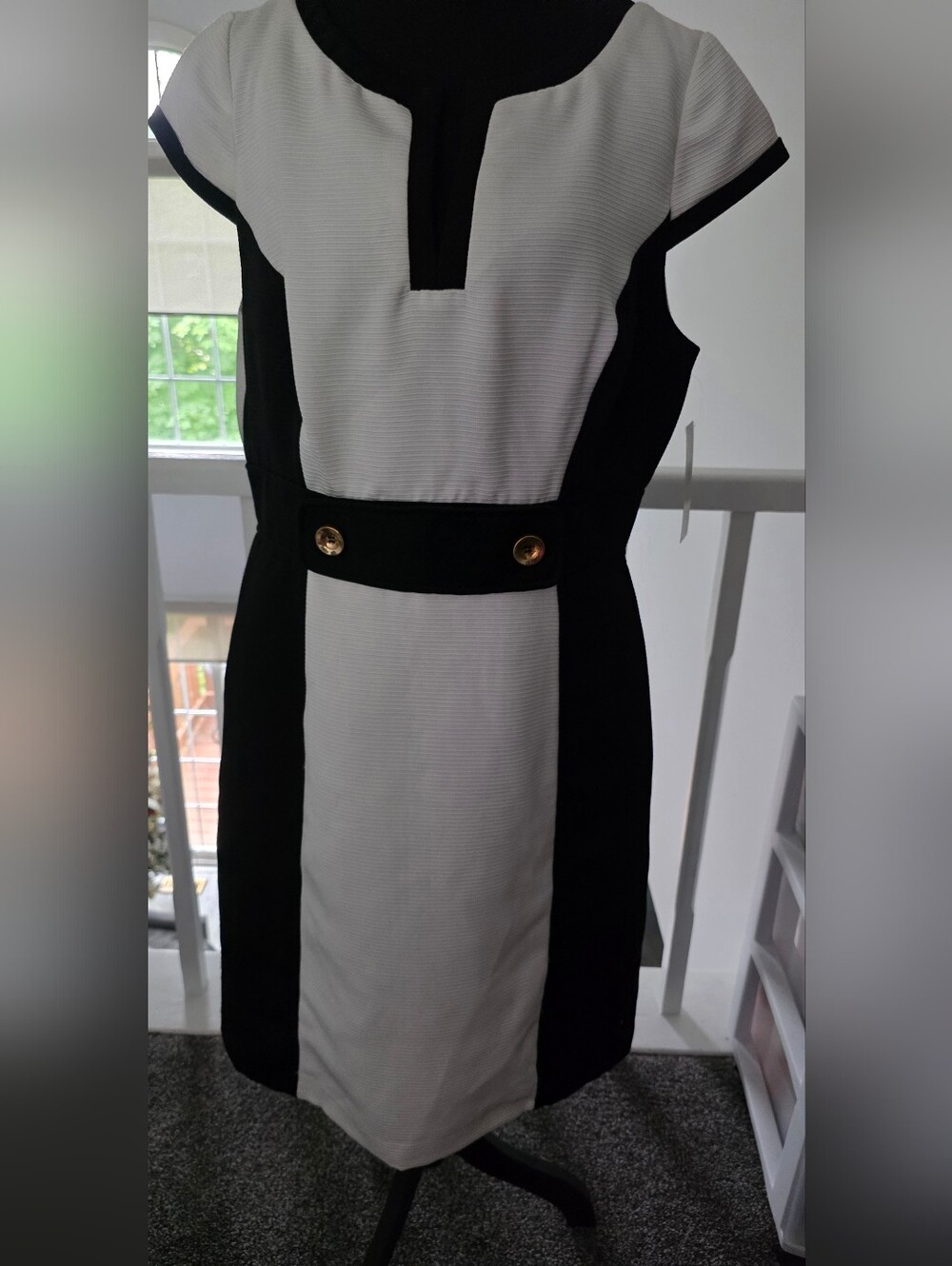 Black and White Sheath Dress with Gold Button Waist Detail
